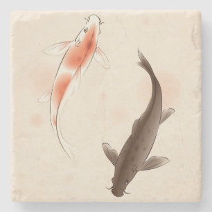 Dessous-de-verre En Pierre Yin Yang Koi pêche dans la peinture orientale de