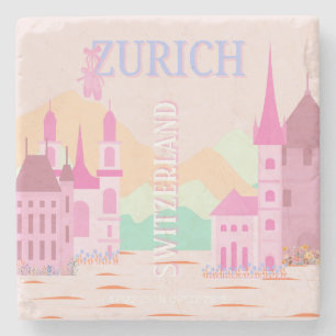 Dessous-de-verre En Pierre Zurich Travel Art, Suisse, Pink Retro Travel