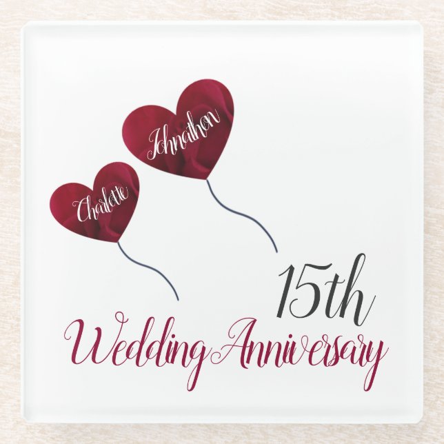 Dessous-de-verre En Verre 15e anniversaire du mariage ballons de coeur rouge (Devant)
