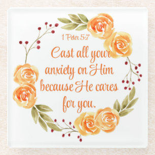 Dessous-de-verre En Verre 1 Pierre 5:7 Écriture Biblique Florale Orange