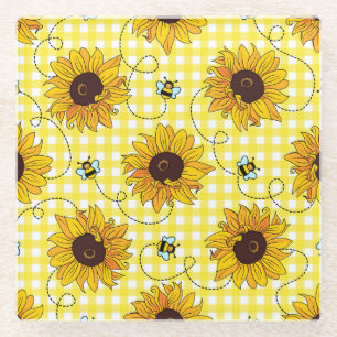 Dessous-de-verre En Verre Abeilles, tournesols, à damiers, motif vintage.