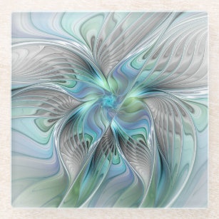 Dessous-de-verre En Verre Abstrait Bleu Vert Papillon Imaginaire Fractal Art