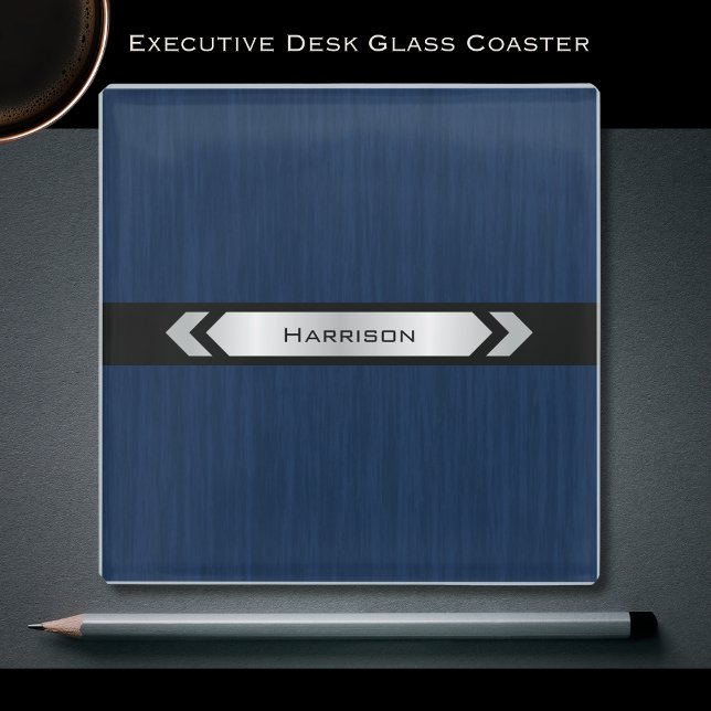 Dessous-de-verre En Verre Accessoire de bureau bleu argenté pour le bureau e (Instantly upgrade your executive workspace with this commanding Navy Blue Glass Coaster.)
