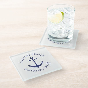 Dessous-de-verre En Verre Accueil personnalisé à bord ancre nautique bleu