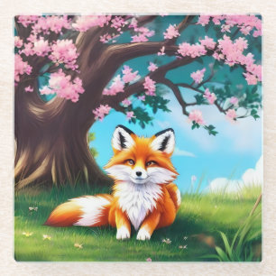Dessous-de-verre En Verre Adorable Renard assis sous l'arbre