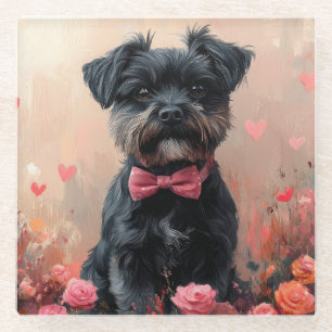 Dessous-de-verre En Verre Affenpinscher avec des roses - Saint-Valentin