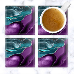 Dessous-de-verre En Verre Agate Bleu Turquoise Argent Pailleté Violet