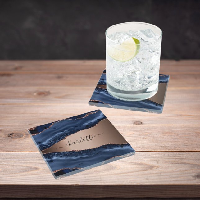 Dessous-de-verre En Verre agate bleue marbre rose or nom script (Créateur téléchargé)