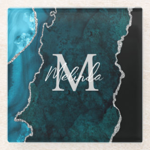 Dessous-de-verre En Verre Agate de marbre bleu turquoise et argenté