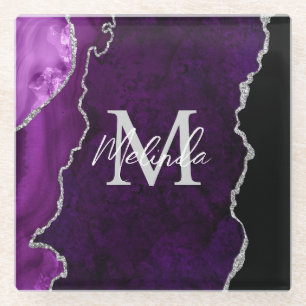 Dessous-de-verre En Verre Agate de marbre violet et argenté