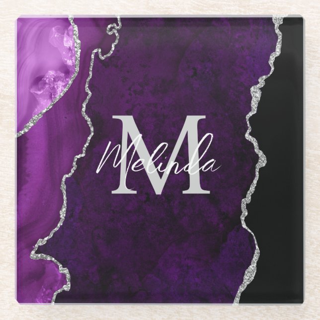 Dessous-de-verre En Verre Agate de marbre violet et argenté (Devant)