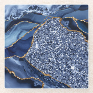 Dessous-de-verre En Verre Agate Océan Élégant Bleu Nuit et Paillettes Dorées