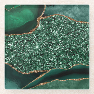 Dessous-de-verre En Verre Agate Océan Élégant Vert et Doré Pailleté