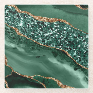 Dessous-de-verre En Verre Agate Océan Pailleté Vert et Or Élégant
