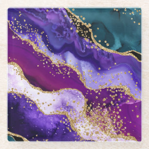 Dessous-de-verre En Verre Agate Paon Pailleté Rose, Violet et Sarcelle
