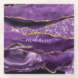 Dessous-de-verre En Verre Agate Violet Or Glitter Marbre Nom Personnalisé