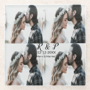 Dessous-de-verre En Verre Ajouter couple photo merisier marié ajouter date a