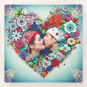 Dessous-de-verre En Verre Ajouter votre image Cadre cardiaque floral