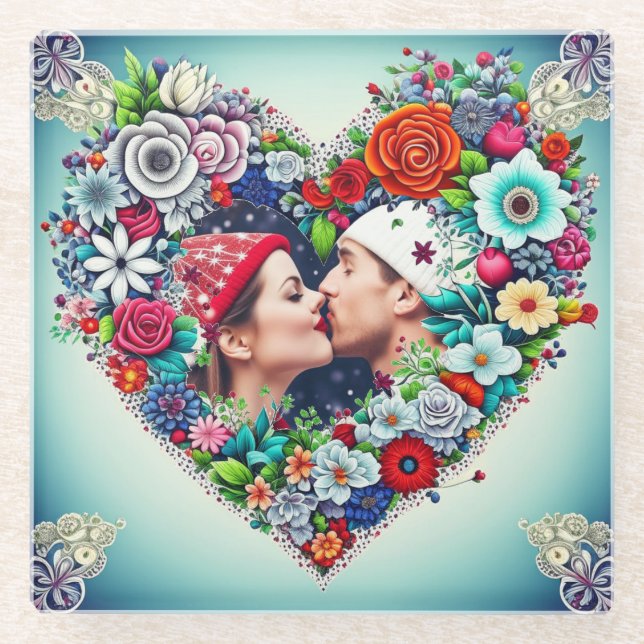 Dessous-de-verre En Verre Ajouter votre image | Cadre cardiaque floral (Devant)