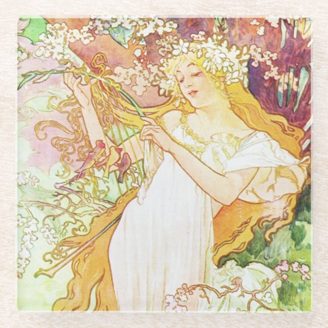 Dessous-de-verre En Verre Alpha Mucha Spring Floral Vintage Art nouveau (Devant)