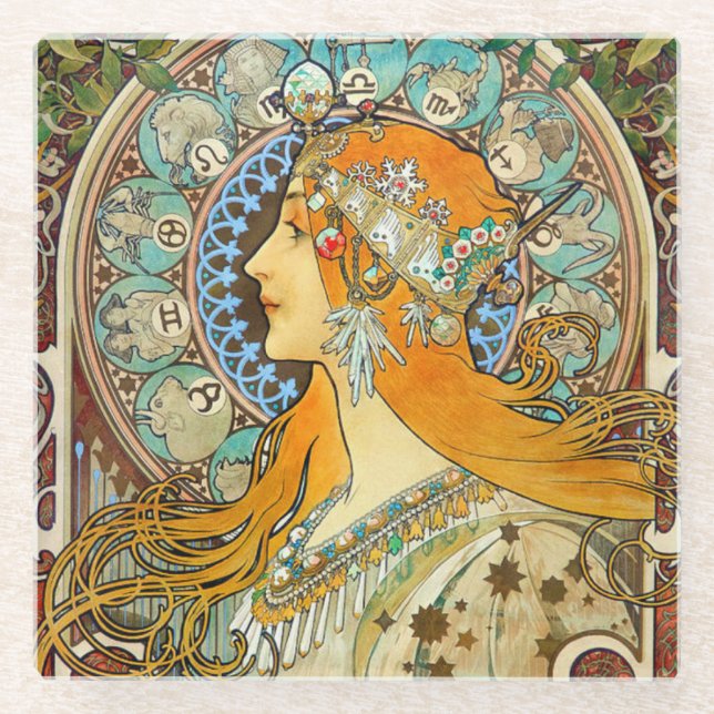 Dessous-de-verre En Verre Alphonse Mucha Art Nouveau Zodiac (Devant)