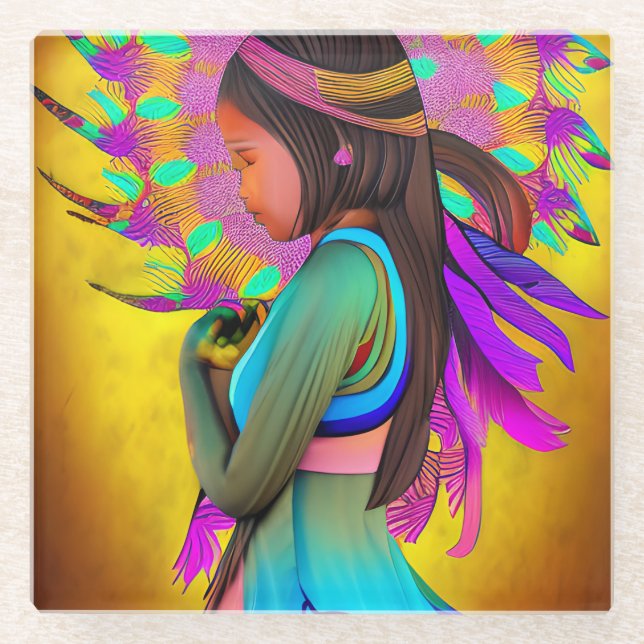 Dessous-de-verre En Verre Amérindienne petite fille IA Art (Devant)