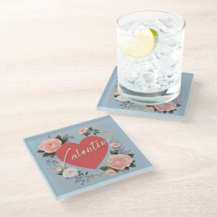 Dessous-de-verre En Verre Amour romantique Coeur rose Roses Saint Valentin