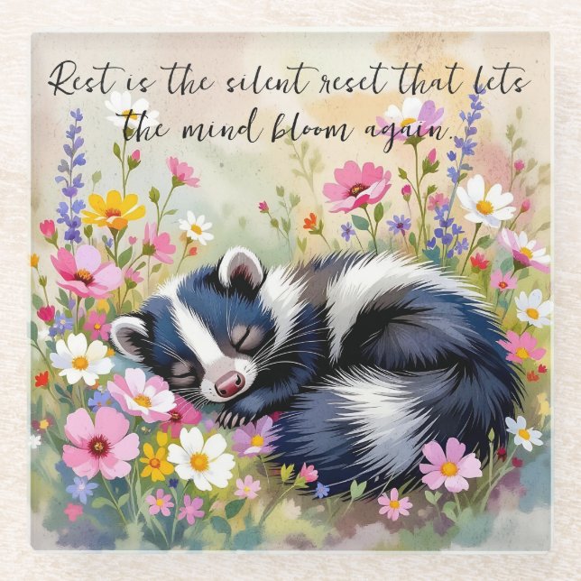 Dessous-de-verre En Verre An Adorable Skunk Napping in Flowers and Quote (Devant)