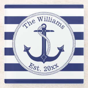 Dessous-de-verre En Verre Ancre nautique Marine Blue Stripes Nom de famille