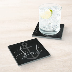 Dessous-de-verre En Verre Ancre nautique + type SOUL gris sur noir  