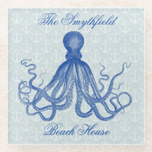 Dessous-de-verre En Verre Ancres nautiques de bleu de Chambre de plage de