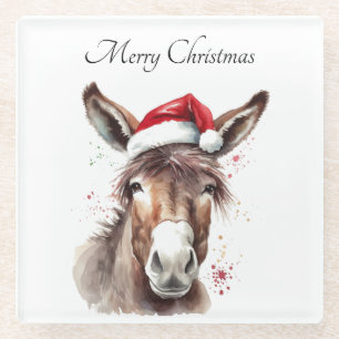 Dessous-de-verre En Verre Âne de Noël à l'aquarelle avec chapeau de Père Noë