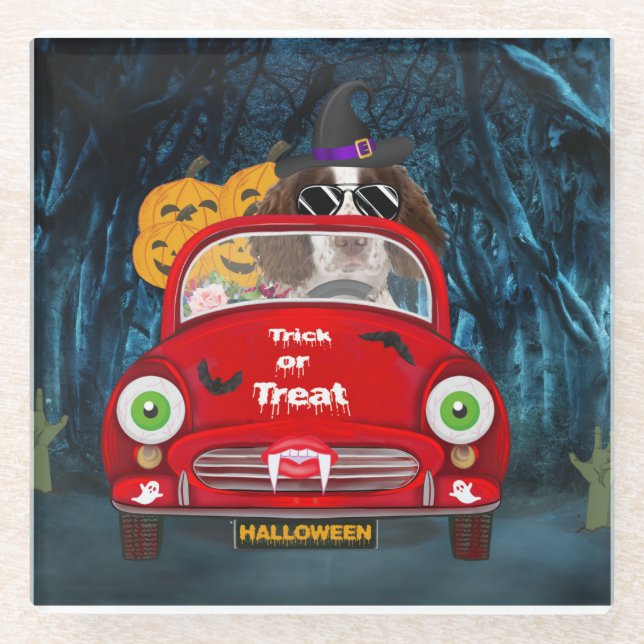 Dessous-de-verre En Verre Anglais Springer Spaniel chien Voiture Effrayant H (Devant)