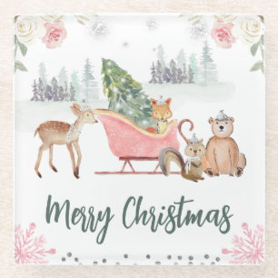 Dessous-de-verre En Verre Animaux de la forêt à l'aquarelle Noël floral