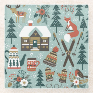 Dessous-de-verre En Verre Animaux forestiers : Hiver Vintage sans couture.