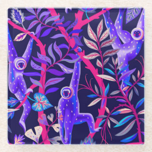 Dessous-de-verre En Verre Animaux tropicaux : motif de singes bleus.