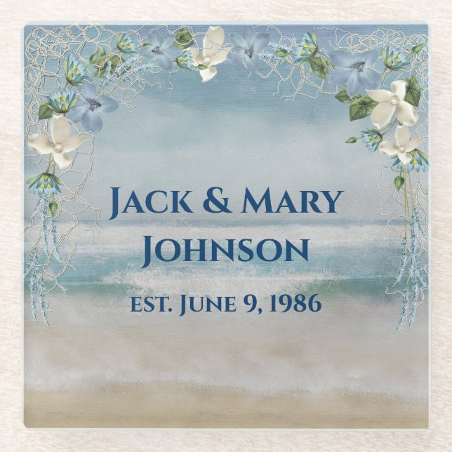 Dessous-de-verre En Verre Anniversaire Nautical Net et Fleurs (Devant)