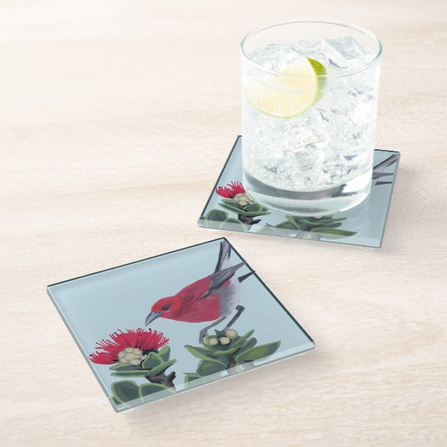 Dessous-de-verre En Verre Apapane & Lehua Blossom Hawaii Nature Illustration (Incliné)