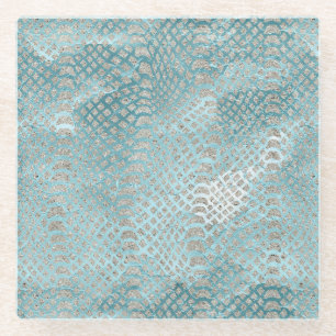 Dessous-de-verre En Verre Aqua Bleu Argent Imprimé Serpent