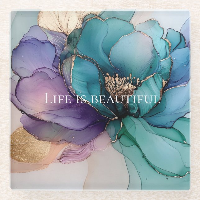 Dessous-de-verre En Verre Aqua Bleu Violet Or Floral  (Devant)