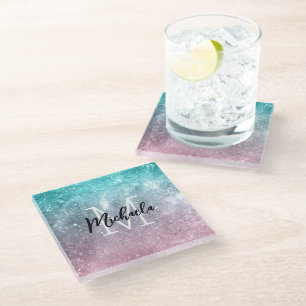 Dessous-de-verre En Verre Aqua blue Pink ombre mer galaxie abstraite Monogra