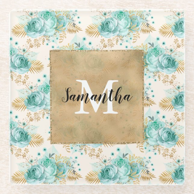 Dessous-de-verre En Verre Aqua Cream Gold Floral Noir Monogramme (Devant)