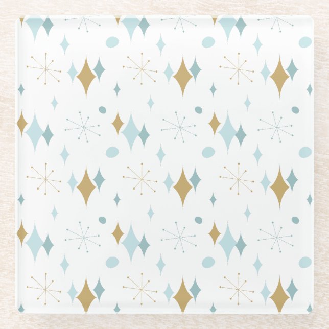 Dessous-de-verre En Verre Aqua, Gold Starburst Motif du milieu du siècle (Devant)