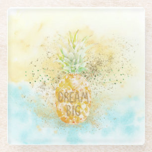 Dessous-de-verre En Verre Aqua Yellow Pineappy Gold Dream Glitz