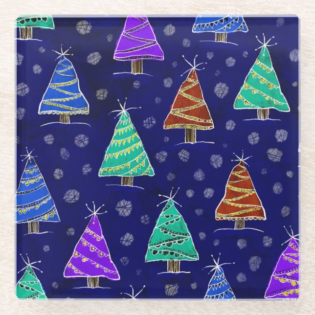 Dessous-de-verre En Verre Aquarelle Arbres de Noël : Motif forestier. (Devant)