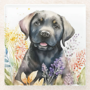 Dessous-de-verre En Verre Aquarelle Black Labrador Retriever et Fleurs