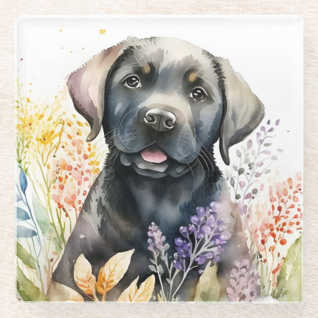 Dessous-de-verre En Verre Aquarelle Black Labrador Retriever et Fleurs (Devant)