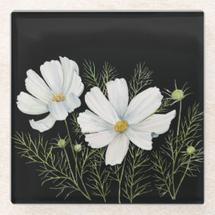 Dessous-de-verre En Verre Aquarelle Blanc Cosmos Fleurs Peinture Botanique