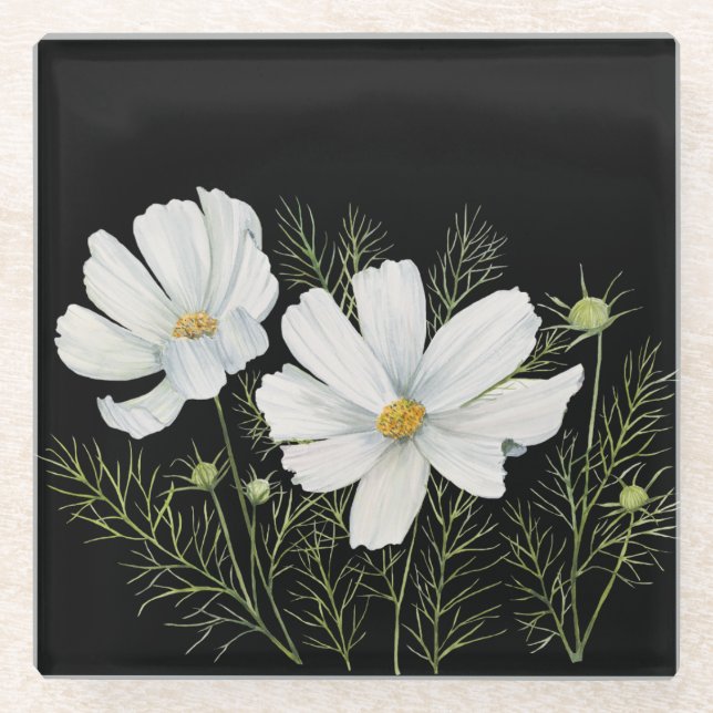 Dessous-de-verre En Verre Aquarelle Blanc Cosmos Fleurs Peinture Botanique (Devant)