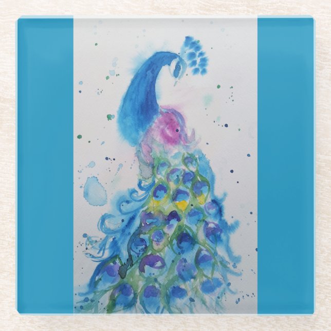 Dessous-de-verre En Verre Aquarelle bleu Peacock Turquoise Oiseaux bleus (Devant)
